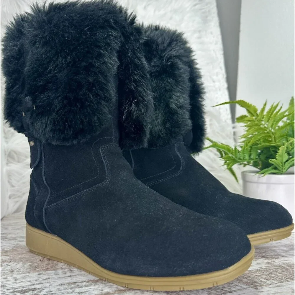 LANDS' END Mendota Snow Boot Women's Size 7.5 Black Suede Faux Fur PullOn 420483